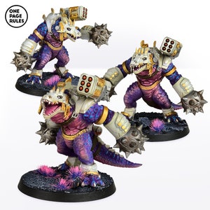 May include: Three purple and blue dinosaur-like figures with white and gold armor, holding large spiked weapons. Each figure has a large cannon on its back.