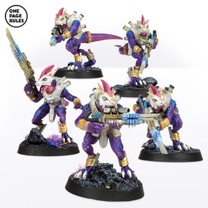May include: Five miniature figures of reptilian humanoids with purple and white armor, holding weapons. The figures are painted in a detailed and realistic style.