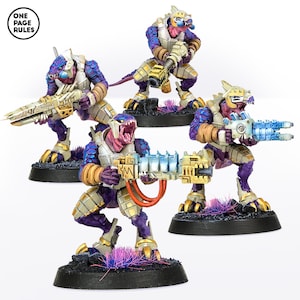 May include: Four miniature figures of reptilian humanoids with guns. The figures are painted in shades of purple, white, and gold. They are standing on black bases with purple and pink flocking.