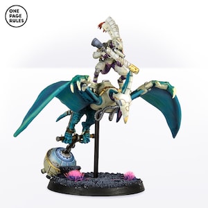 May include: A blue and white miniature figure of a winged creature with a rider. The rider is holding a gun and is wearing white and purple armor. The figure is on a black base with pink flowers.