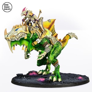 May include: A green and yellow dragon with a rider on its back. The dragon has a long tail and a large head with sharp teeth. The rider is wearing a purple and gold armor and is holding a weapon. The dragon and rider are standing on a black base with pink grass.