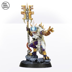 May include: A white and gold painted miniature figure of a reptilian creature holding a staff with a gold and silver design. The figure is standing on a gray and black base.