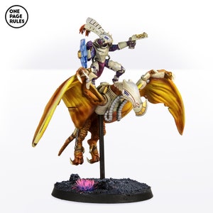 May include: A white and purple space marine riding a golden and brown winged creature. The marine is holding a gun and has a shield on its back. The creature has a long tail and sharp claws.