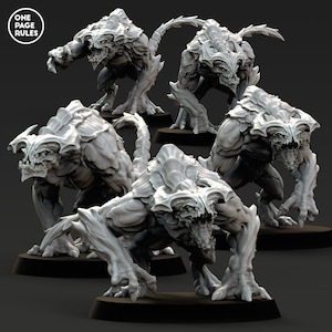 May include: Five grey, detailed, miniature figures of a creature with a reptilian appearance. The figures are posed in a variety of dynamic stances, with their mouths open and teeth bared. The figures are made of a smooth, grey material and have a textured surface.