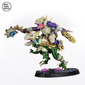 May include: A green and white dinosaur-like creature with a rider. The rider is a purple and white humanoid figure with a gold weapon. The creature is standing on a black base with pink and purple grass.