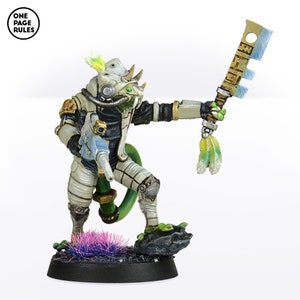 May include: A green and white painted miniature figure of a reptilian humanoid holding a sword and a rifle. The figure is standing on a black base with pink grass.