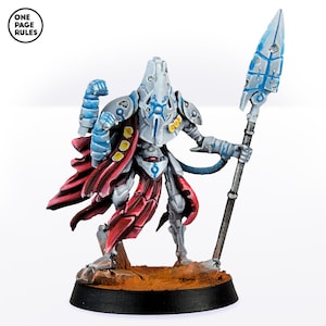May include: A detailed miniature figure of a robot warrior with a blue and silver metallic paint scheme. The robot is holding a spear with a blue blade and is wearing a red cape. The figure is standing on a brown base.