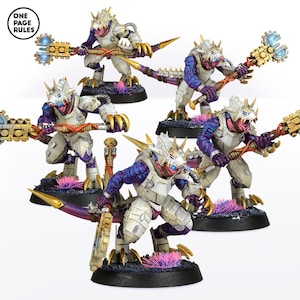 May include: Five miniature figures of reptilian creatures with white armor and purple accents. Each figure holds a gold and blue weapon with a mechanical design. The figures are posed in a dynamic action stance.
