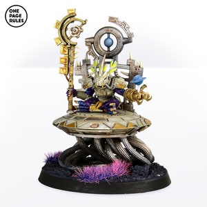 May include: A miniature figurine of a creature with a horned head, sitting on a throne with a staff and a mechanical arm. The throne is on a platform with tentacles and is surrounded by pink and purple grass.