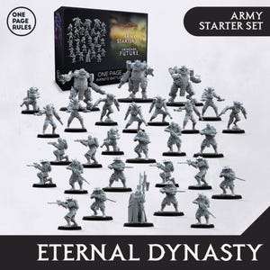 May include: A set of gray plastic miniature figures for a tabletop wargame. The figures are arranged in a circle around a box labeled "Army Starter Set GrimDark Future." The box is labeled "One Page Rules." The figures are of various poses and include soldiers, robots, and a large figure with a sword. The text "Eternal Dynasty" is printed at the bottom of the image.