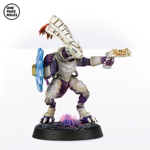 May include: A white and purple painted miniature figurine of a humanoid creature with a large head and a white helmet. The creature is holding a gun in one hand and a shield in the other. The figurine is standing on a black base with a small amount of pink and white flocking.