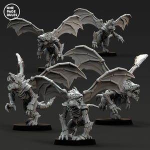 May include: Five miniature skeletal dragon figurines with wings outstretched. The dragons are painted in a light gray color and have detailed bone structures.