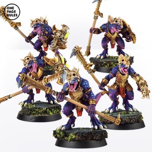 May include: Five purple and gold painted miniature lizard-like figures with weapons and shields. The figures are standing on round black bases with green moss.