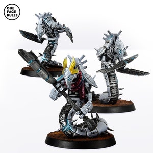 May include: Three grey and blue painted miniature figures of serpentine creatures with sharp claws and spikes. The figures are posed in different stances, with one holding a large axe. The figures are painted with a metallic finish and have yellow accents.
