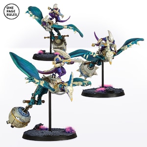 May include: Three miniature figures riding on flying creatures with teal wings and white and gold bodies. The figures are wearing purple and white armor and holding weapons. The figures are on circular bases with pink and gray accents.