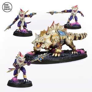 May include: A set of three painted miniature figures, including a large, white, armored lizard-like creature with a toothy grin, and two smaller, humanoid figures with purple and gold armor, holding spears.