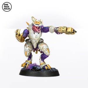 May include: A white and purple painted miniature figure of a creature with a gun. The creature has a reptilian head with a large mouth and sharp teeth. The figure is standing on a black base.