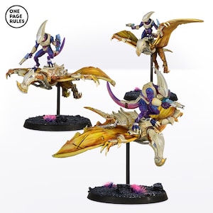 May include: Three miniature figures of a purple and white alien riding a yellow and white flying creature. The figures are posed in mid-air and are painted in a detailed and realistic style.