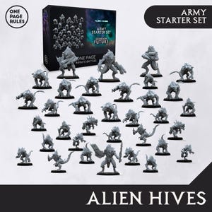 Pode incluir: Um conjunto de 30 figuras em miniatura de plástico cinza de criaturas alienígenas, parte de um conjunto de início de exército para um jogo de tabuleiro chamado "GrimDark Future". A arte da caixa apresenta o título e o logotipo do jogo, juntamente com as palavras "One Page Infinite Battles".