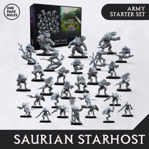 May include: A set of 30 grey plastic miniature figures of reptilian creatures, some holding weapons, with the text "Army Starter Set" and "GrimDark Future" on the box. The text "Sauran Starhost" is at the bottom of the image.