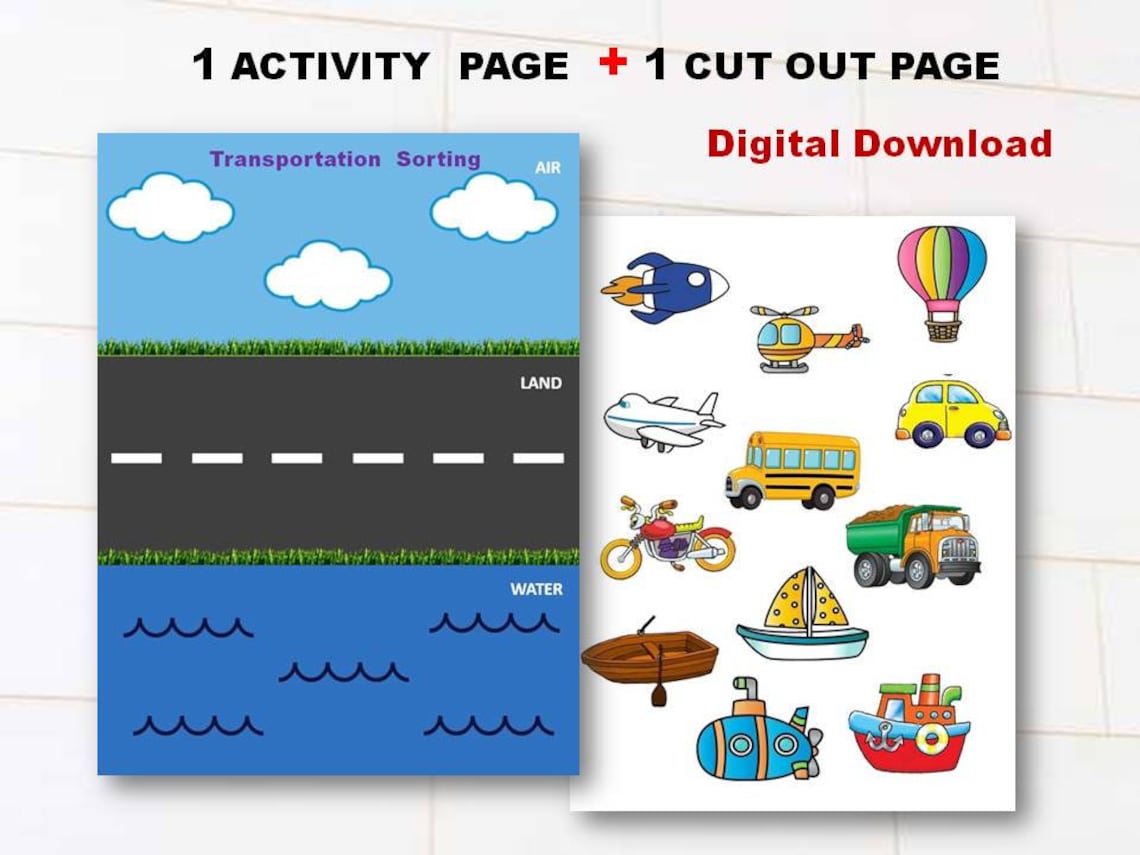 Transportation Sorting Activity Printable, Busy Book, Air, Land and