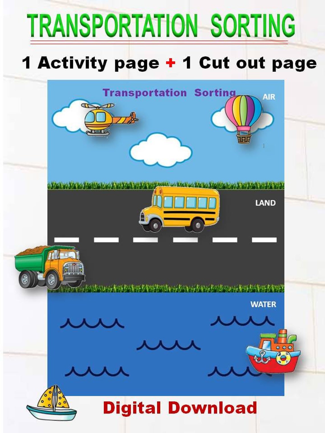 Transportation Sorting Activity Printable, Busy Book, Air, Land and