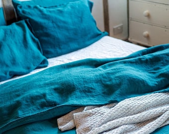 100% Linen Teal Bedding Set (1x duvet cover, 1x fitted sheet & 2x pillowcases) with coconut buttons, naturally pre-softened, Oeko-Tex