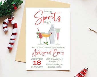 Making Spirits Bright Christmas Party Invitation Template - Editable Christmas Party Invite - Holiday Party Invitation - Christmas Cocktails