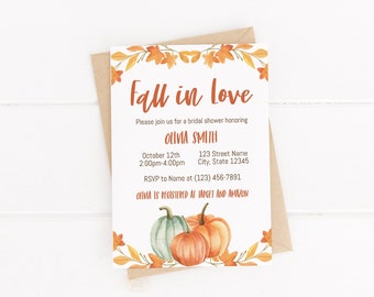 Fall in Love Bridal Shower Invitation - Editable Fall Pumpkin Shower Invite - Corjl - Bridal Shower Custom Invitation Template - 012