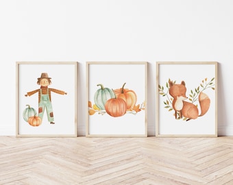 Set of 3 Watercolor Pumpkin and Scarecrow Printable - Fall Wall Decor - Autumn Decor - Pumpkin Wall Printable - Thanksgiving Decor