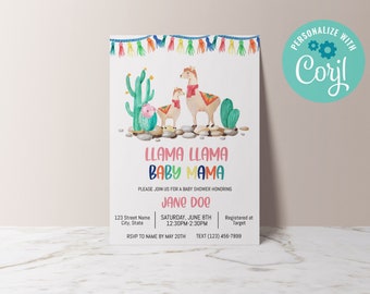 Llama Llama Baby Mama Fiesta Baby Shower Invitation - Editable Fiesta Baby Shower Invite - Custom Baby Shower Invitation