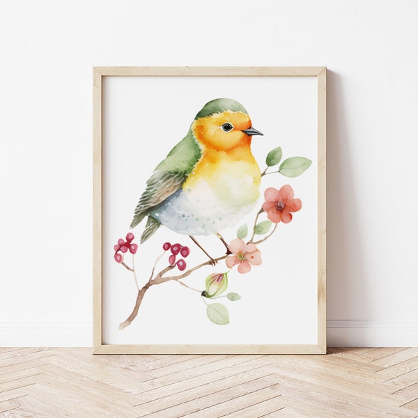 Watercolor Spring Bird Print, Spring Bird Wall Decor, spring farmhouse decor, spring home wall art, gift for bird lover, easter print