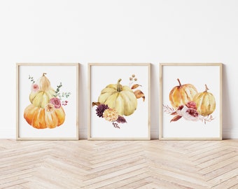 Set of 3 Watercolor Floral Pumpkin Printable - Fall Wall Decor - Autumn Decor - Pumpkin Wall Printable - Thanksgiving Decor - Burgundy