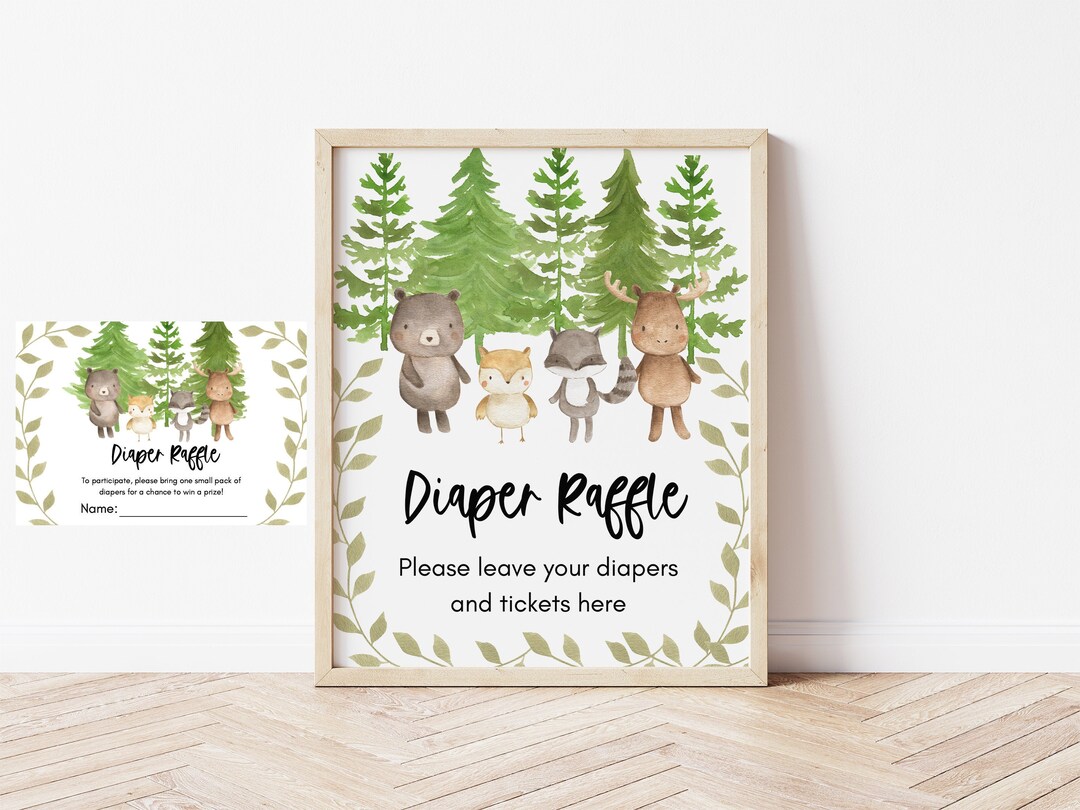 Woodlands Diaper Raffle Sign and Ticket Baby Shower Game Woodlands Baby ...