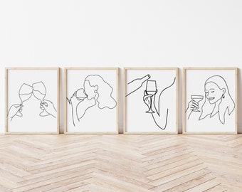 Set of 4 Line Wine Art Print, Wine Print, Minimalist Print, Neutral Wine Art, Kitchen Wall Decor