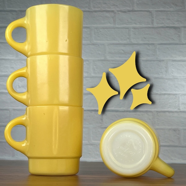 Vintage Anchor Hocking Fire King Stackable Yellow Coffee Mugs - Set of 4