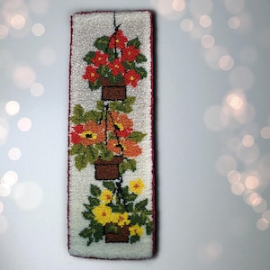Vintage 1970s latch hook wall hanging potted flowers latch hook rug, red, orange, yellow