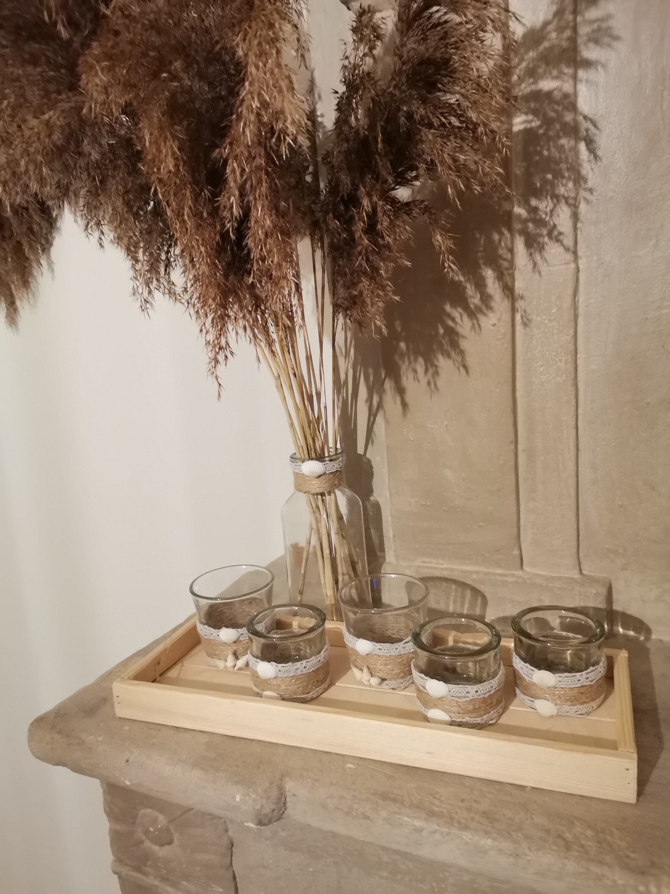 Lot de 5 Photophores et Support en Bois