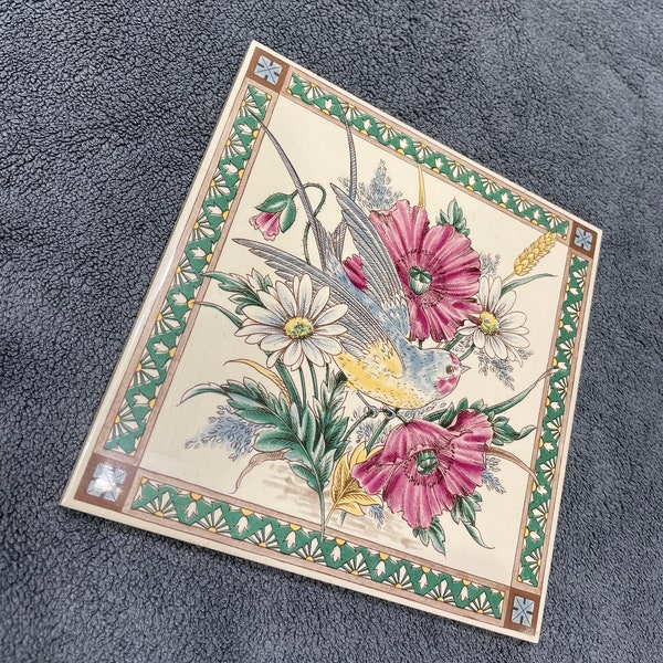 Bird and Flower Vintage Tile Trinket 6" By 6" H&R Johnson Tiles Made in England