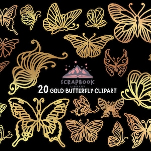 May include: Twenty gold butterfly clip art images on a black background. The butterflies are in various poses and sizes. Some butterflies have intricate designs.