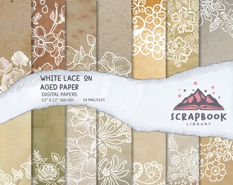 Texturas de papel envejecido con encaje de flores blancas, fondos de papel antiguos desgastados antiguos bordes rasgados grunge, efecto quemado digital