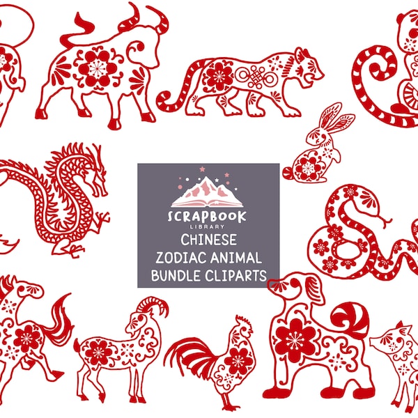 Chinese Zodiac Animal ornaments clipart, Asian Symbols pattern, Authentic Oriental Logos, Chinese New Year, Red Horoscope, Astrology