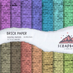 May include: 18 digital papers featuring a brick wall pattern in various colours, including pink, purple, blue, green, and grey. Each paper is 12 inches by 12 inches and 300 DPI. The papers are arranged in a row with a torn paper edge at the top. The text "BRICK PAPER" and "SCRAPBOOK LIBRARY" is visible.