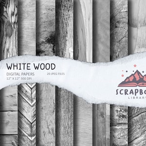 May include: A set of 20 digital papers featuring white wood textures. Each paper is 30.48 cm by 30.48 cm and 300 DPI. The papers are perfect for scrapbooking, card making, and other crafting projects.