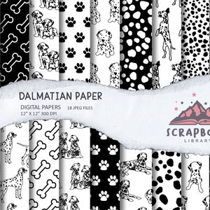 Dalmatian Dog Digital Paper, Pet Digital Paper, Puppy Scrapbook paper, Black and White Image Print, Dalmatian Pattern Texture, Dog Bone