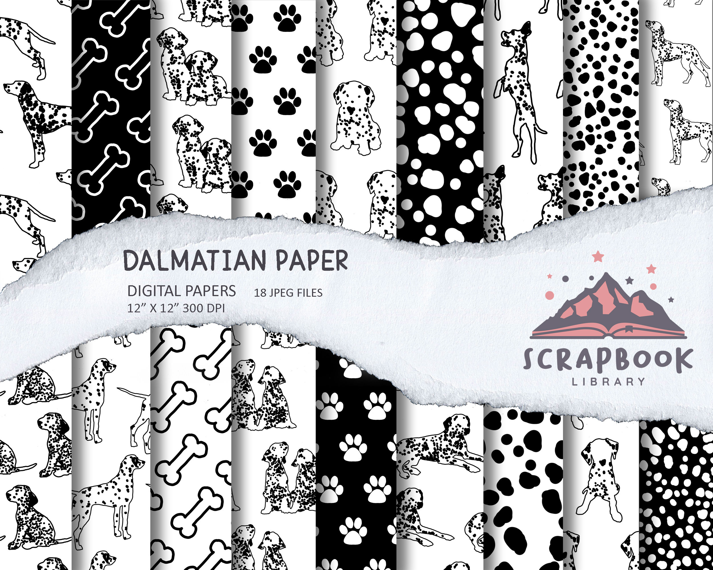 Dalmatian Dog Digital Paper, Pet Digital Paper, Puppy Scrapbook paper, Black and White Image Print, Dalmatian Pattern Texture, Dog Bone