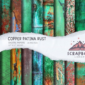 May include: 20 digital papers featuring a copper patina rust design. The papers are 30.5 cm by 30.5 cm and 300 DPI.