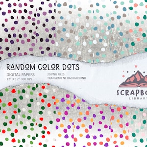 Digitalt papper med ramdomfärgade prickar, handritat digitalt papper med prickmönster, scrapbookpapper, bildtryck med regnbågsprickor, transparent bakgrund