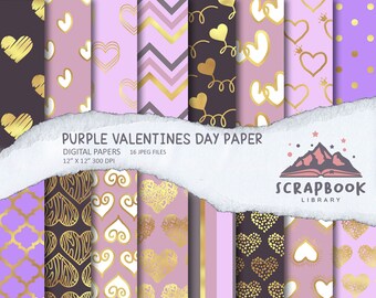 Papel digital para el Día de San Valentín, papel pastel love pattern, papel lila con forma de corazón, diseño de pasión púrpura y oro