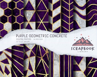 Digital Purple Concrete Paper, Geometric Pattern Paper, Scrapbook Supplies, Gold lines, Geometrical Shape Design